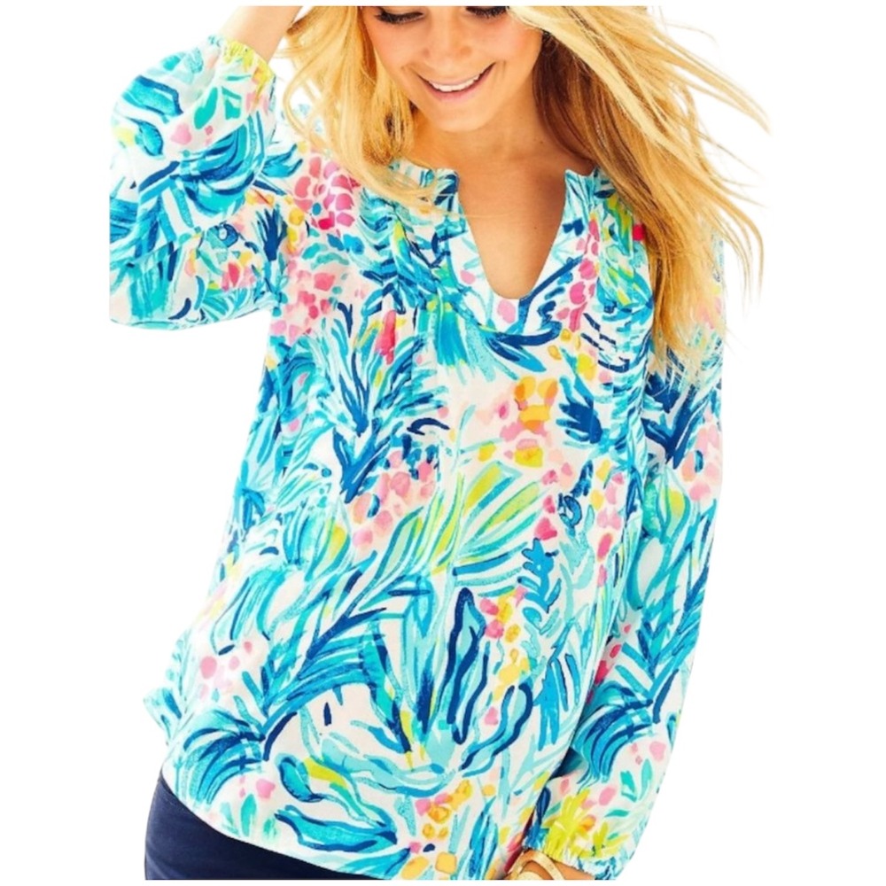 Lilly‎ Pulitzer Colby Top in Serene Blue Long Sleeve Blouse XS